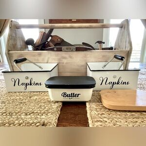 Farmhouse Napkin holder x 2 & Butter Dish set; Enamelware